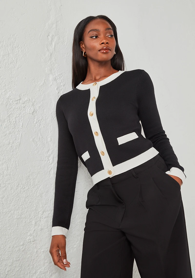 Contrast Trim Cardigan Black/White