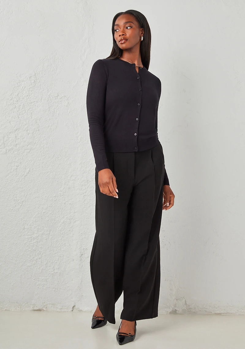 Crew Neck Button Front Cardigan Black