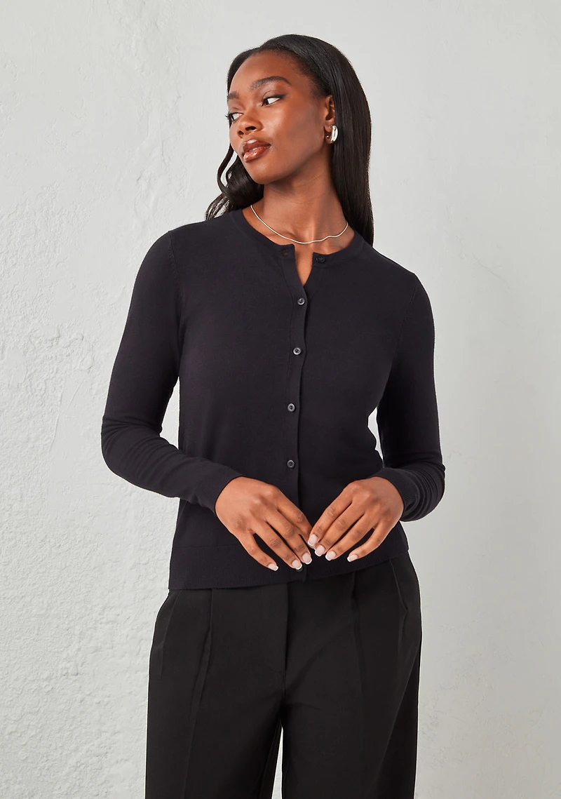 Crew Neck Button Front Cardigan Black