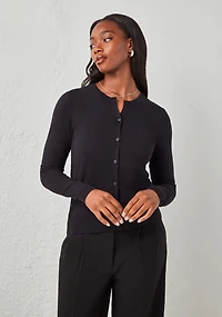 Crew Neck Button Front Cardigan Black
