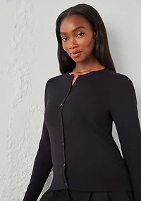 Crew Neck Button Front Cardigan Black