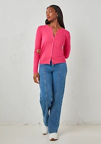 Crew Neck Button Front Cardigan Hot Pink