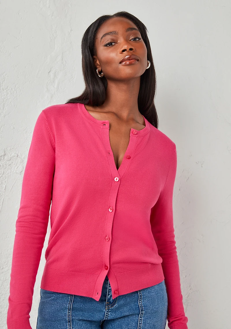 Crew Neck Button Front Cardigan Hot Pink