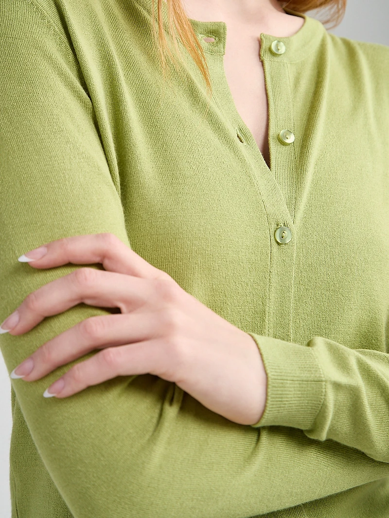 Crew Neck Button Front Cardigan Pear