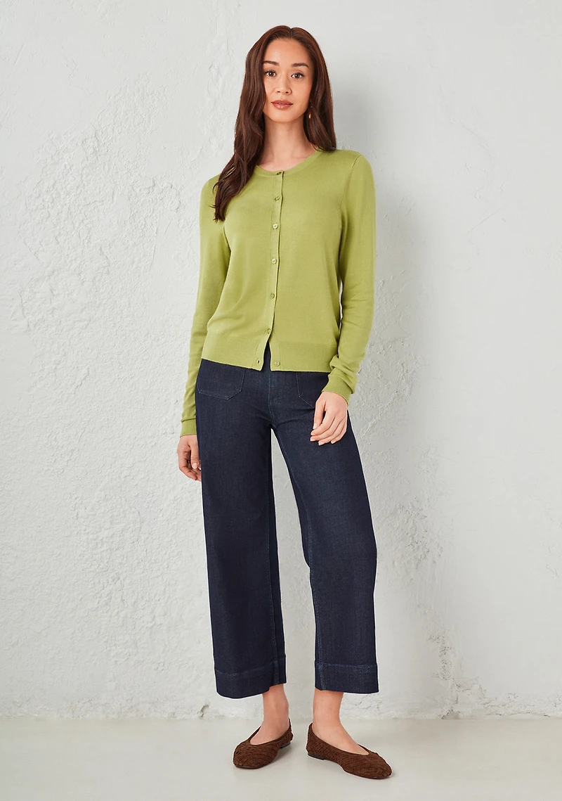 Crew Neck Button Front Cardigan Pear