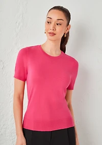 Crew Neck Short Sleeve Sweater Hot Pink