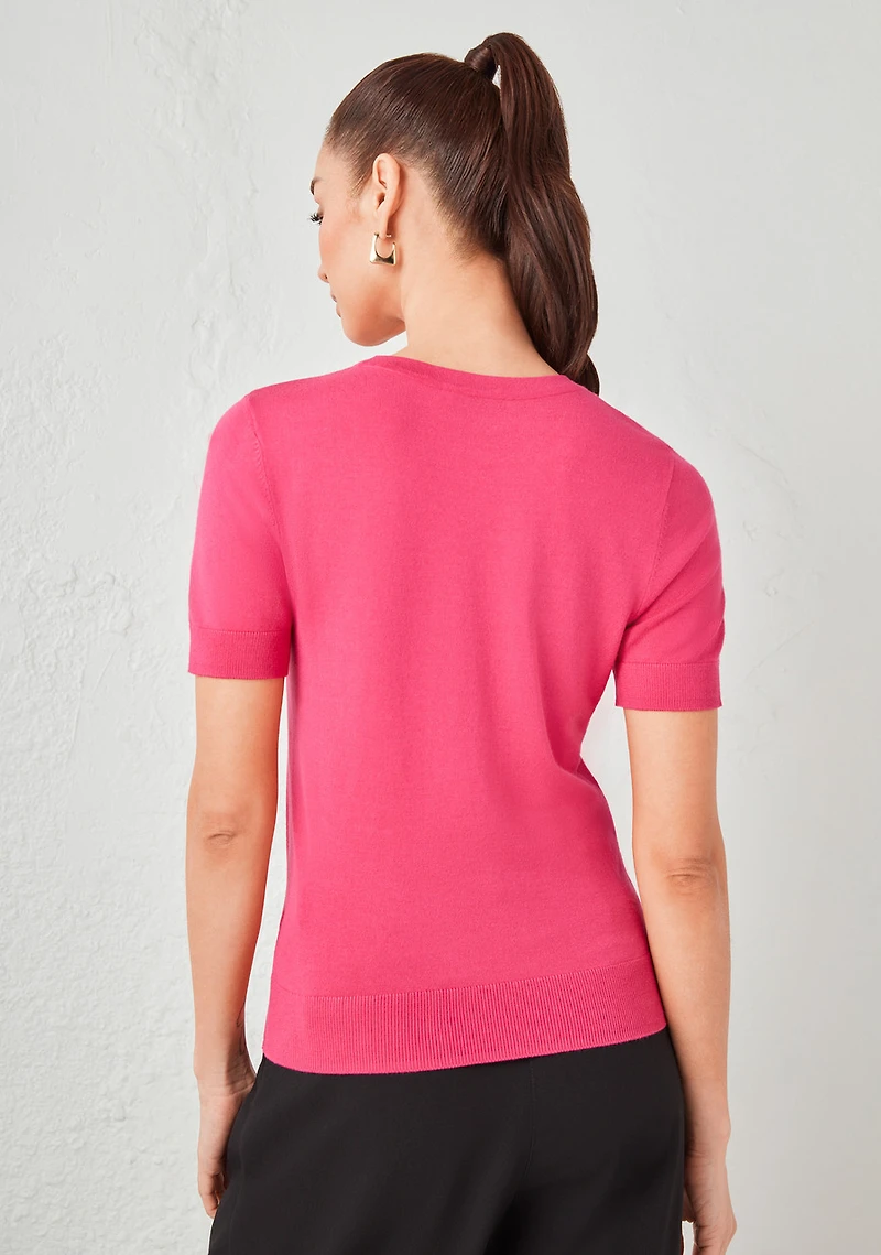 Crew Neck Short Sleeve Sweater Hot Pink