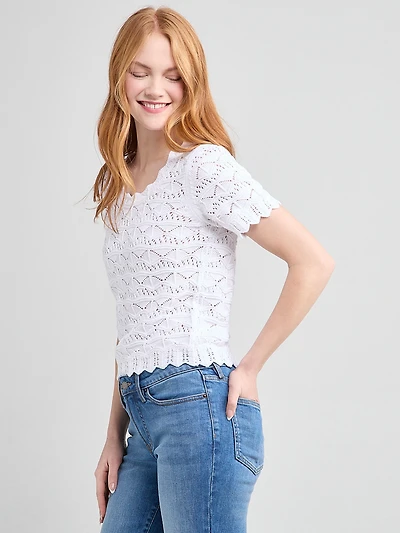 Scoop Neck Pointelle Sweater White