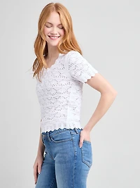 Scoop Neck Pointelle Sweater White