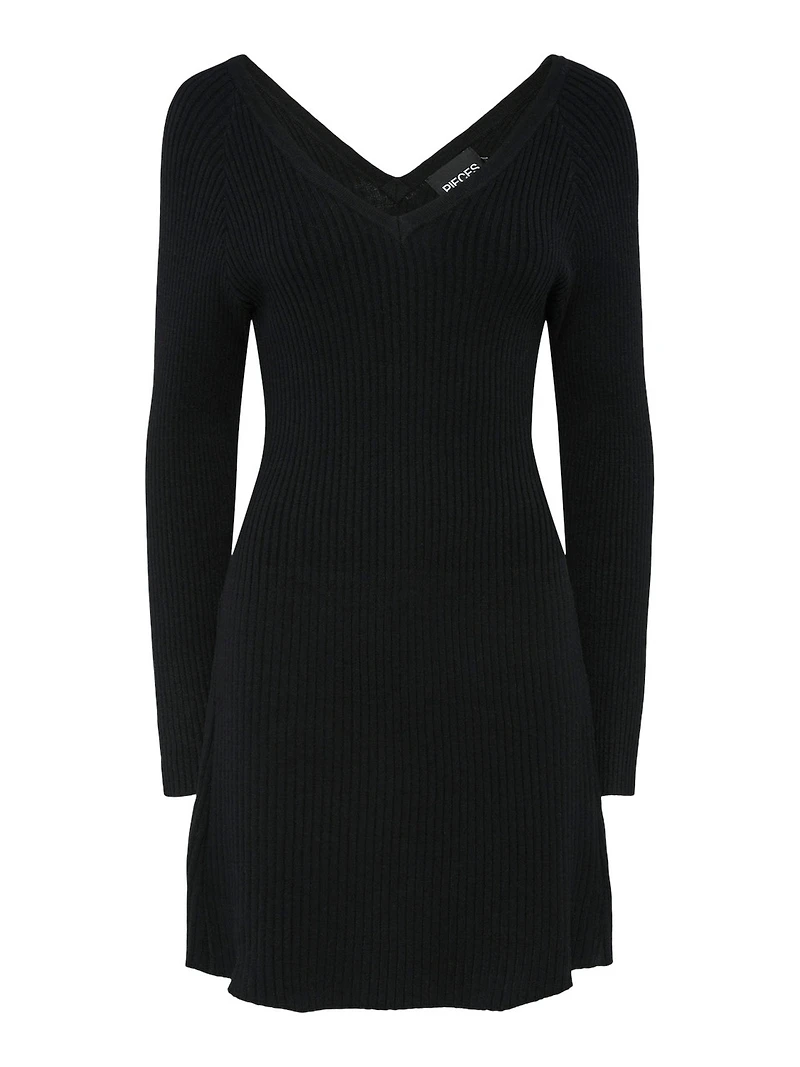 Prista Long Sleeve V-Neck Rib Knit Dress Black