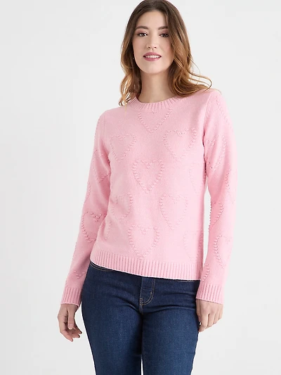 Crew Neck Pompom Heart Sweater Light Pink
