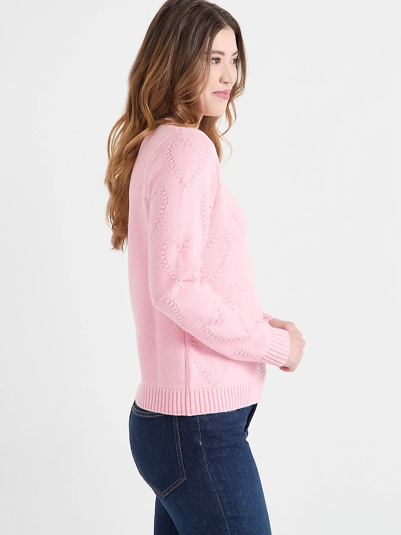 Crew Neck Pompom Heart Sweater Light Pink