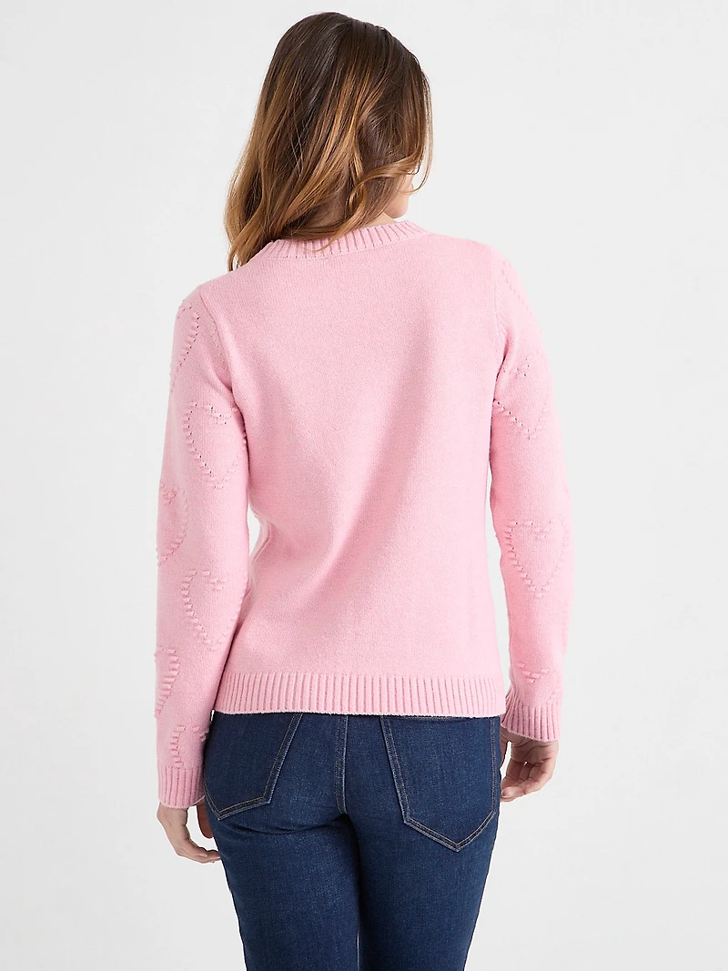 Crew Neck Pompom Heart Sweater Light Pink