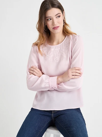 Light Pink Long Sleeve Embroidered Blouse