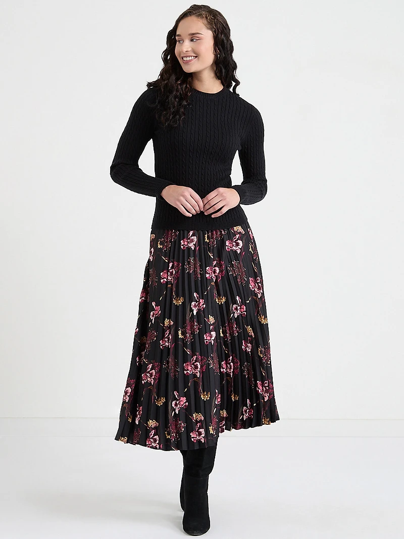 Pleated Satin Midi Skirt Black Dot
