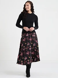 Pleated Satin Midi Skirt Black Dot