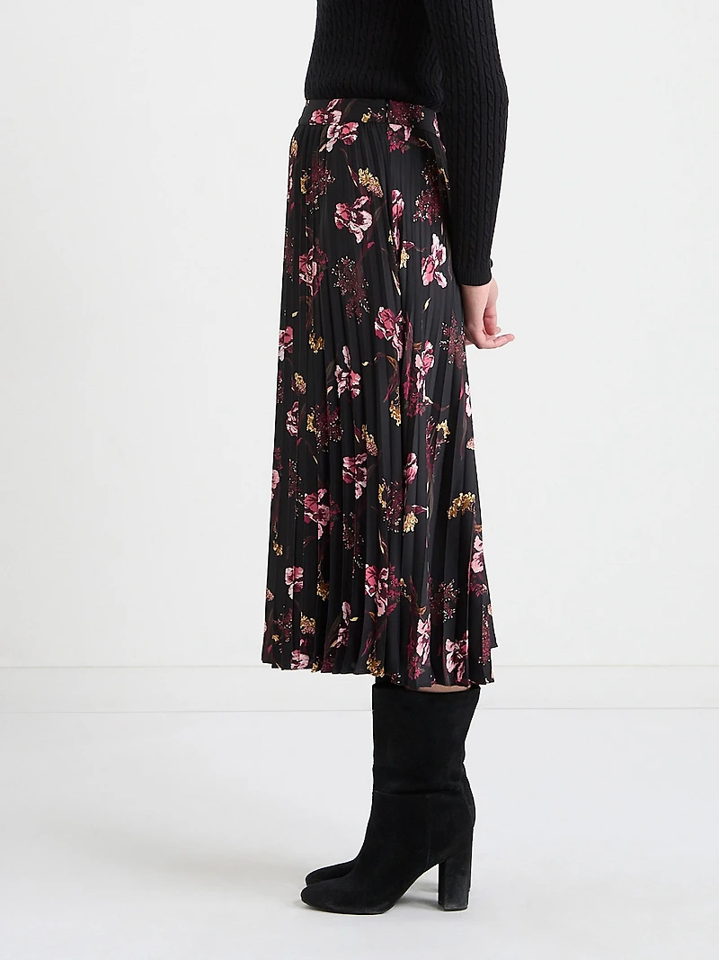 Pleated Satin Midi Skirt Black Dot