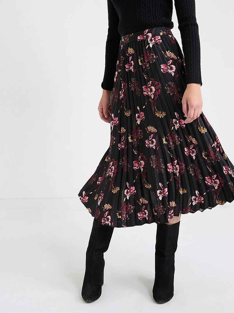 Pleated Satin Midi Skirt Black Dot