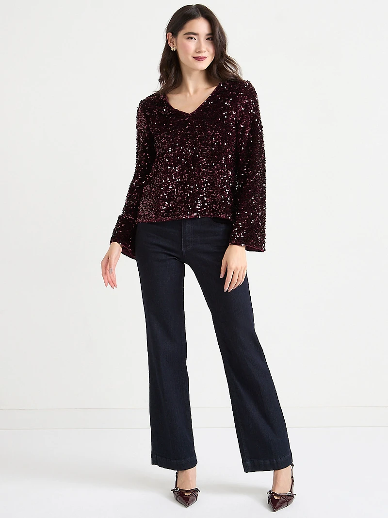 Long Sleeve Velvet Backed Sequin Top Burgundy