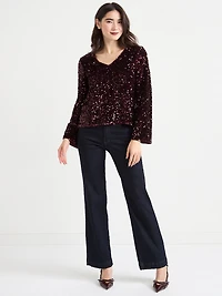 Long Sleeve Velvet Backed Sequin Top Burgundy