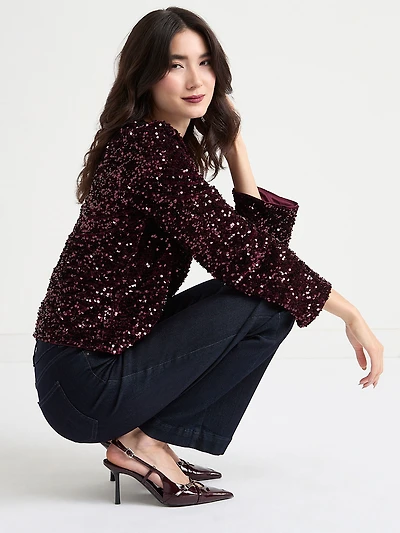 Long Sleeve Velvet Backed Sequin Top Burgundy
