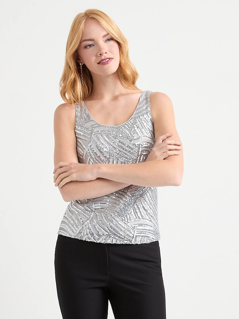 Sleeveless Sequin Scoop Neck Tank Silver Pattern