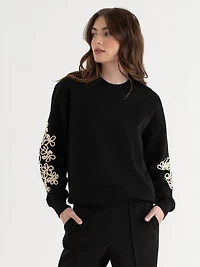 Classic Fit Cotton Crewneck Sweatshirt Infinity Arm Floral