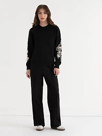 Classic Fit Cotton Crewneck Sweatshirt Infinity Arm Floral