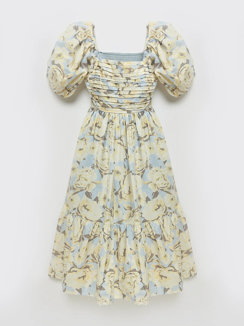 Puff Sleeve Midi Dress Blue Watercolour