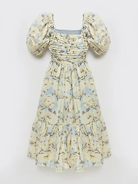 Puff Sleeve Midi Dress Blue Watercolour