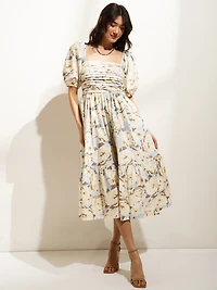 Puff Sleeve Midi Dress Blue Watercolour