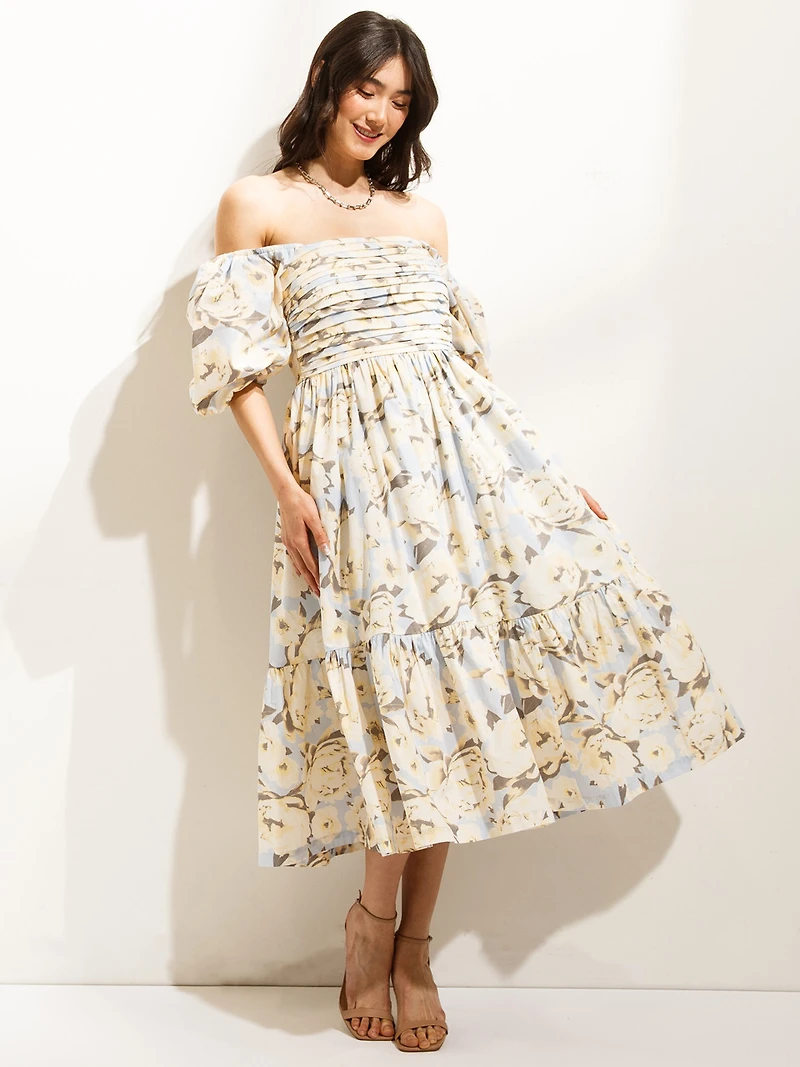 Puff Sleeve Midi Dress Blue Watercolour