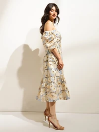 Puff Sleeve Midi Dress Blue Watercolour