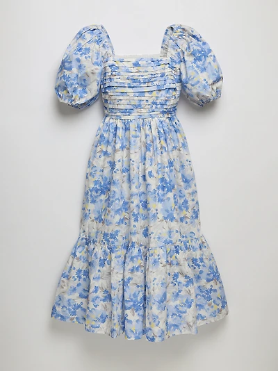 Puff Sleeve Midi Dress Blue Watercolour