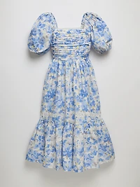 Puff Sleeve Midi Dress Blue Watercolour
