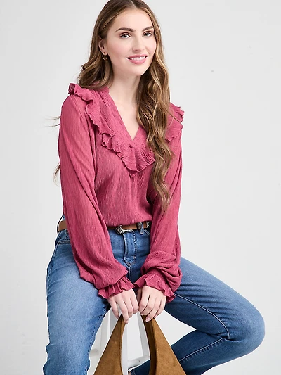Long Sleeve Knit Ruffle Top Mulberry