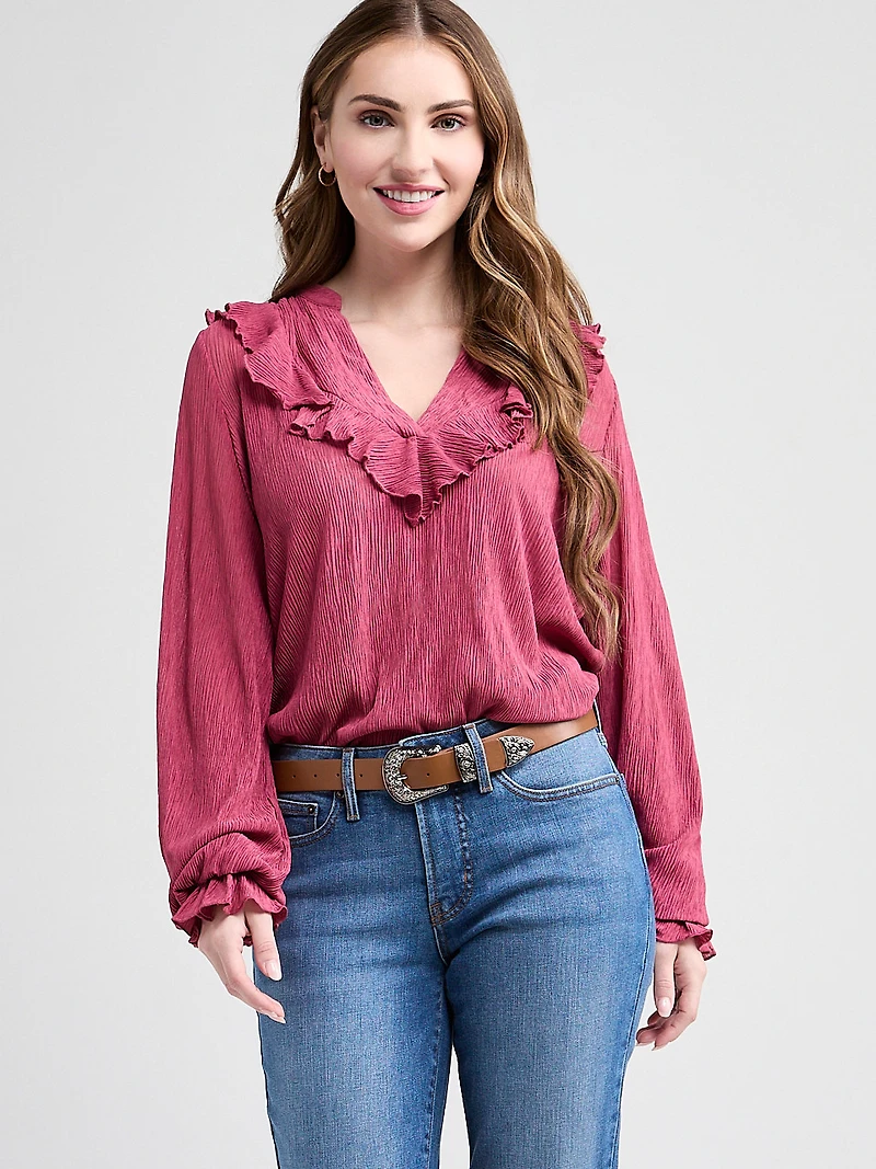 Long Sleeve Knit Ruffle Top Mulberry