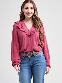 Long Sleeve Knit Ruffle Top Mulberry