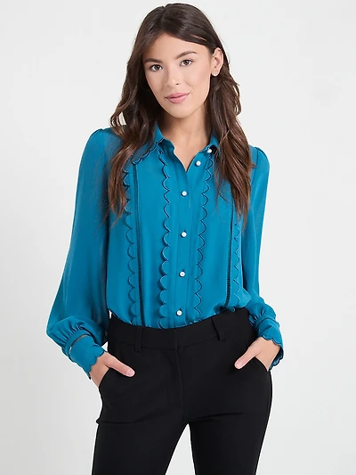 Long Sleeve Scallop Detail Blouse Lyon's Blue