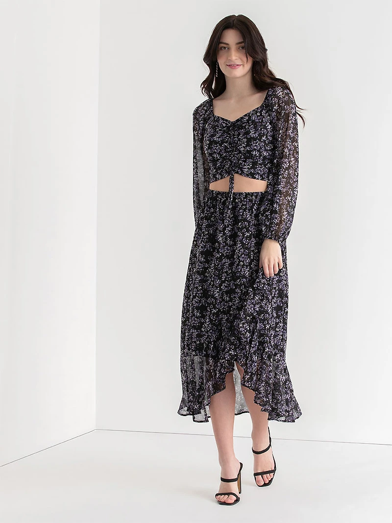 Chiffon Ruffle Midi Skirt Black Floral Print
