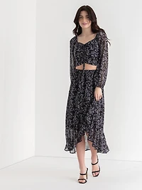 Chiffon Ruffle Midi Skirt Black Floral Print