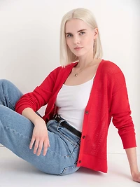 Open-Stitch Button-Front Cardigan