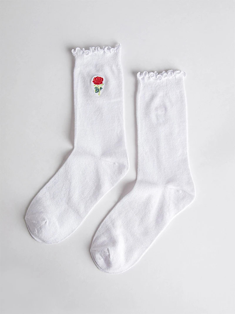 Rose Embroidered Crew Socks