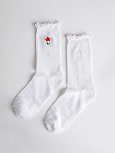 Rose Embroidered Crew Socks