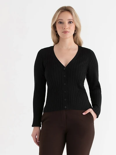 V-Neck Long Sleeve Rib Cardigan