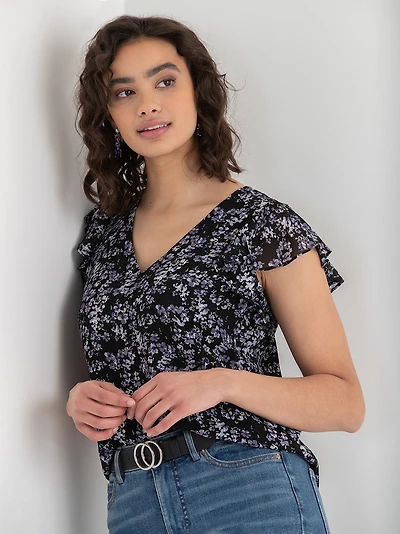 V-Neck Flutter Sleeve Floral Blouse