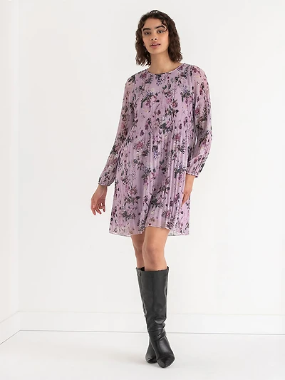 Scoop Neck Release Pleat Knee-Length Floral Dress