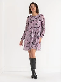 Scoop Neck Release Pleat Knee-Length Floral Dress