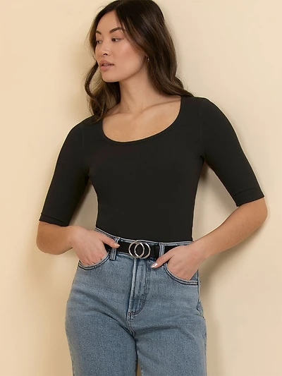 Ribbed Scoop Neck Black Top with Elbow Sleeves