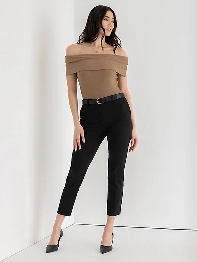 Off Shoulder Ribbed Top Coca Mocha